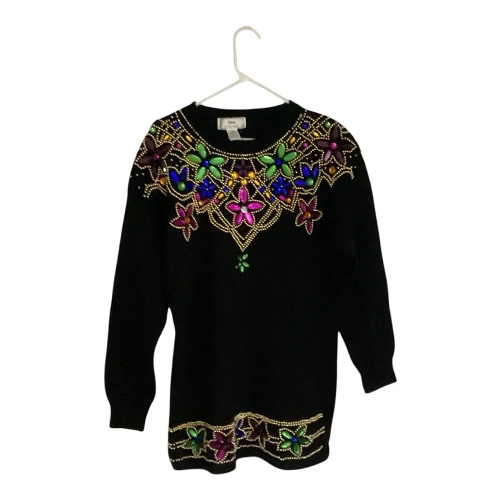 VTG 80s Lisa Black Bejeweled Colorful Beaded Chunky Sequin Sweater Black M - Picture 1 of 5